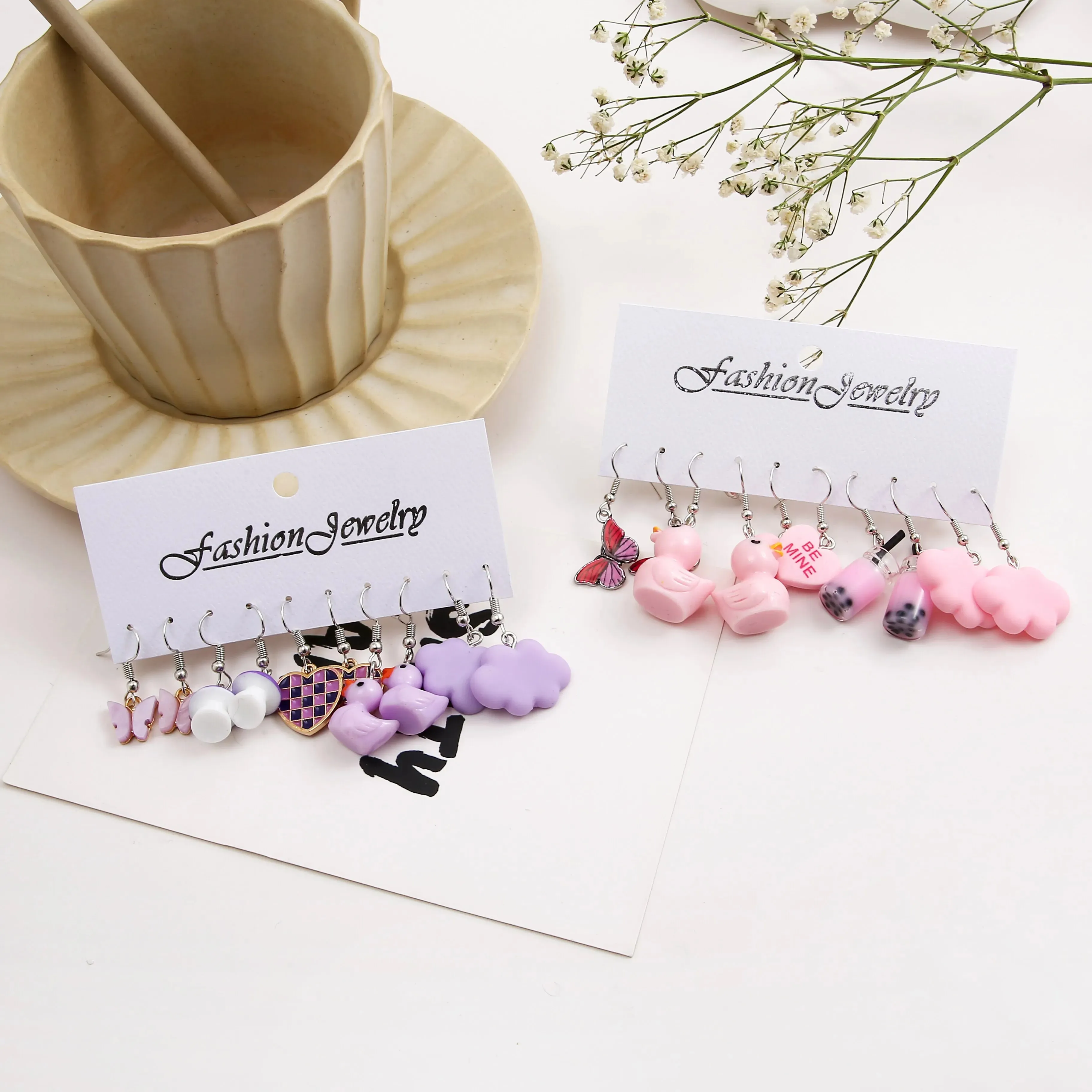 10 Sets Creative Butterfly Earrings Cloud Duckling Droplet Glazed Mushroom Earrings Purple Plaid Peach Heart Earrings