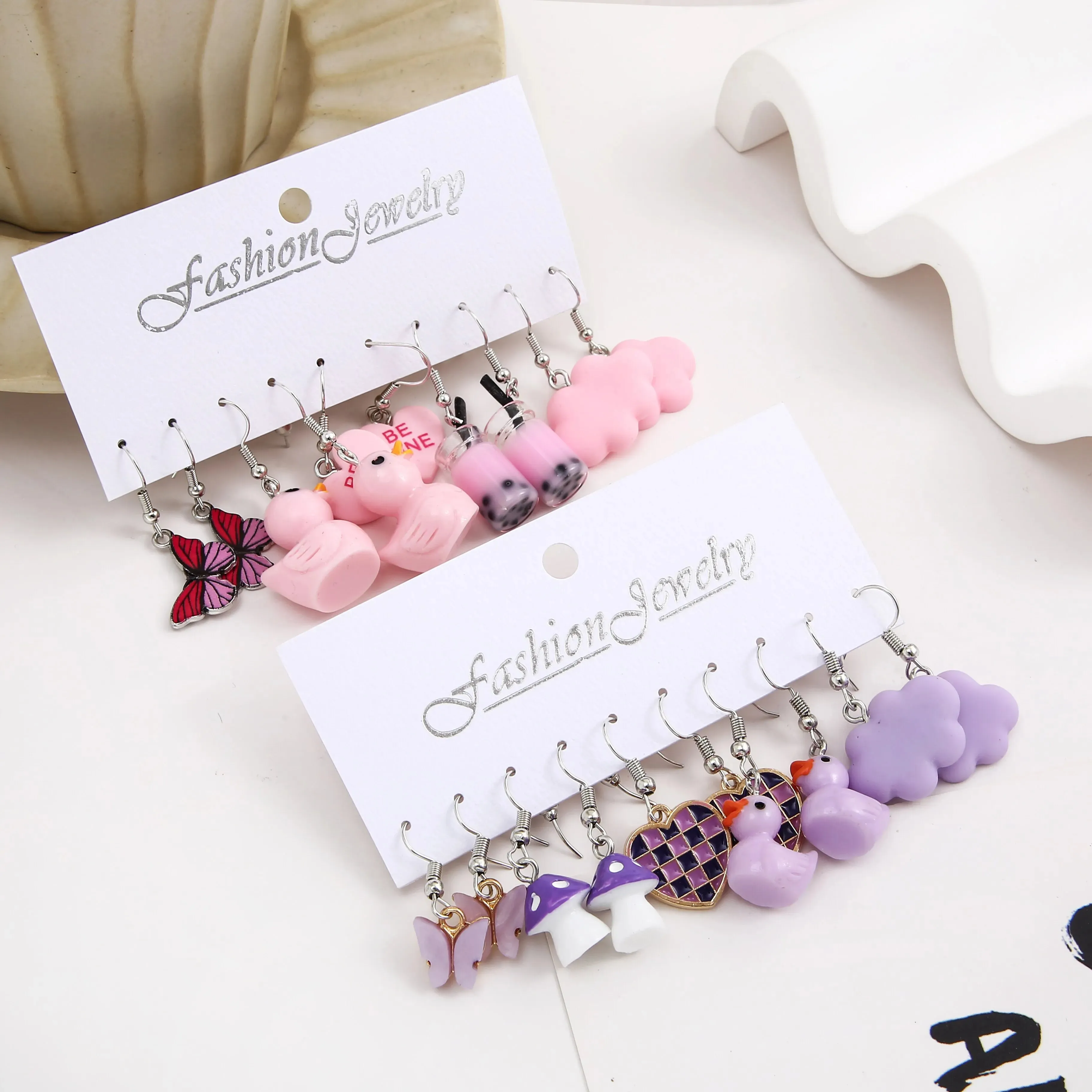 10 Sets Creative Butterfly Earrings Cloud Duckling Droplet Glazed Mushroom Earrings Purple Plaid Peach Heart Earrings