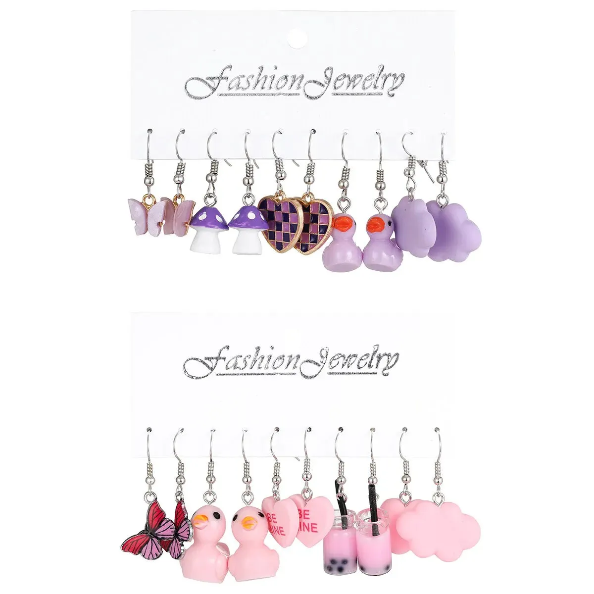 10 Sets Creative Butterfly Earrings Cloud Duckling Droplet Glazed Mushroom Earrings Purple Plaid Peach Heart Earrings