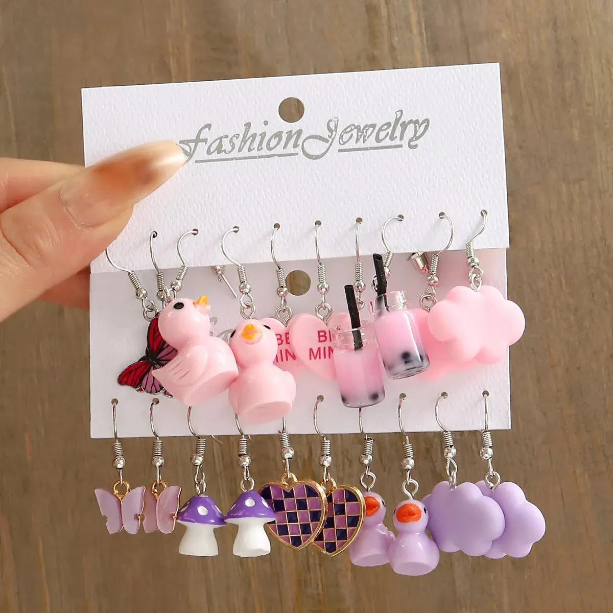 10 Sets Creative Butterfly Earrings Cloud Duckling Droplet Glazed Mushroom Earrings Purple Plaid Peach Heart Earrings