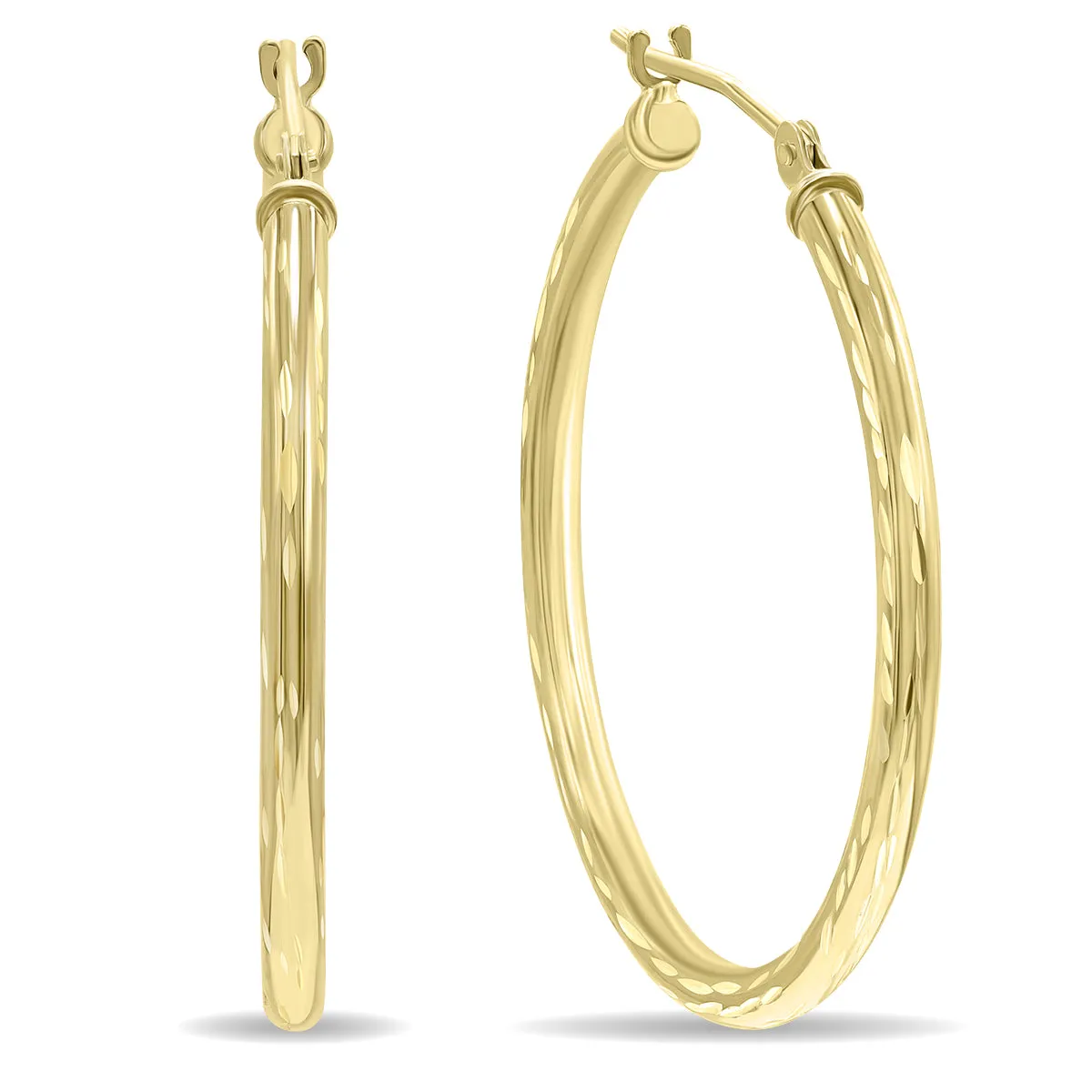 10K Yellow Gold Shiny Diamond Cut Engraved Hoop Earrings (30mm)