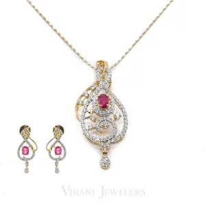 1.46 CT Round Brilliant Diamond Ruby Pendant and Earrings Set in 18K Yellow & White Gold