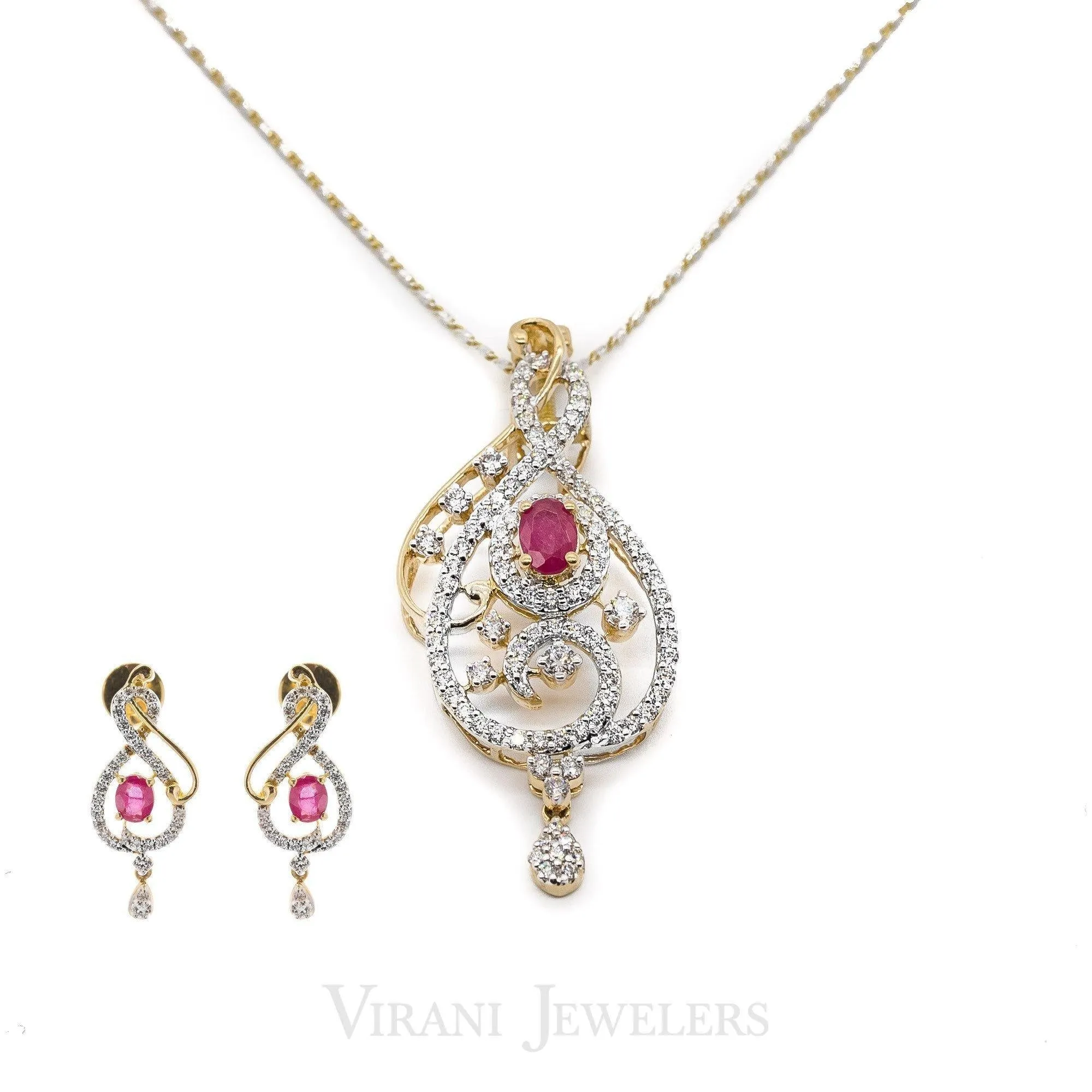 1.46 CT Round Brilliant Diamond Ruby Pendant and Earrings Set in 18K Yellow & White Gold