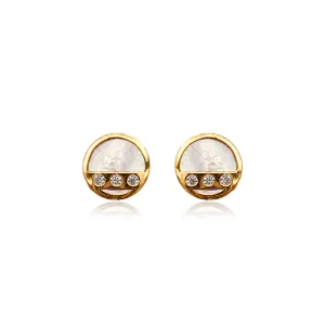 14k Gold Mother Of Pearl Circle with CZ Stud Earrings