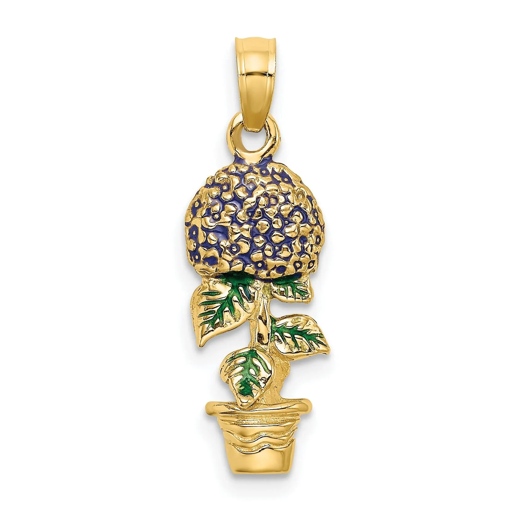 14k Yellow Gold 3D Solid Polished Finish Multi-color Enameled Lavender Hydrangea Flowers In Pot Charm Pendant