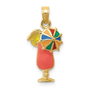 14k Yellow Gold Pink Tropical Drink Pendant