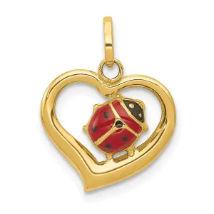 14k Yellow Gold Polished Red-Black Enameled Finish Hollow Ladybug in Heart Shape Charm Pendant