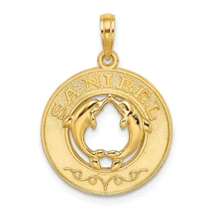 14K Yellow Gold Polished Textured Finish SANIBEL Florida with Double Dolphins in Circle Design Charm Pendant