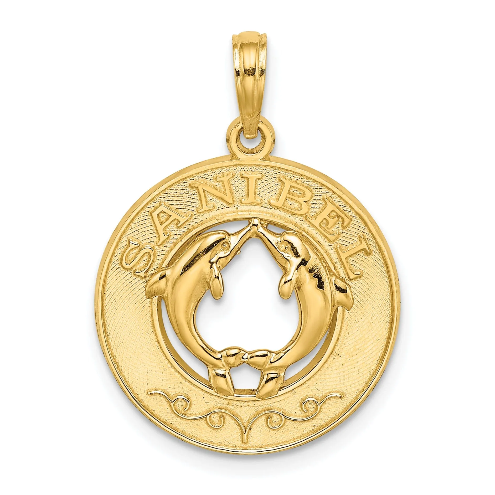 14K Yellow Gold Polished Textured Finish SANIBEL Florida with Double Dolphins in Circle Design Charm Pendant