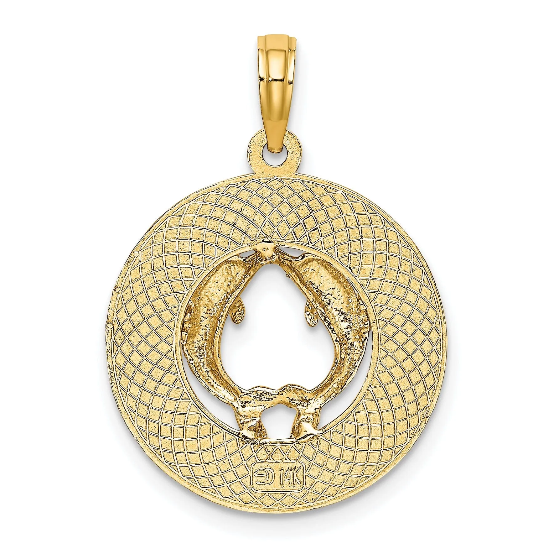 14K Yellow Gold Polished Textured Finish SANIBEL Florida with Double Dolphins in Circle Design Charm Pendant