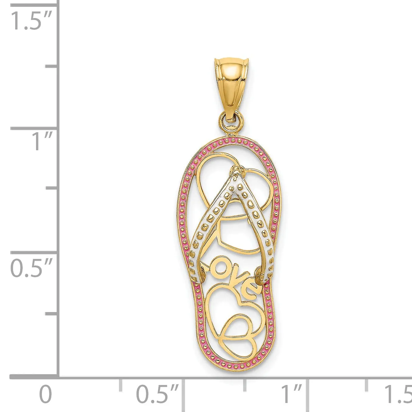 14K Yellow Gold Polished With White and Pink Enameled Finish Multi Heart Love Design Flip-Flop Single Sandle Charm Pendant