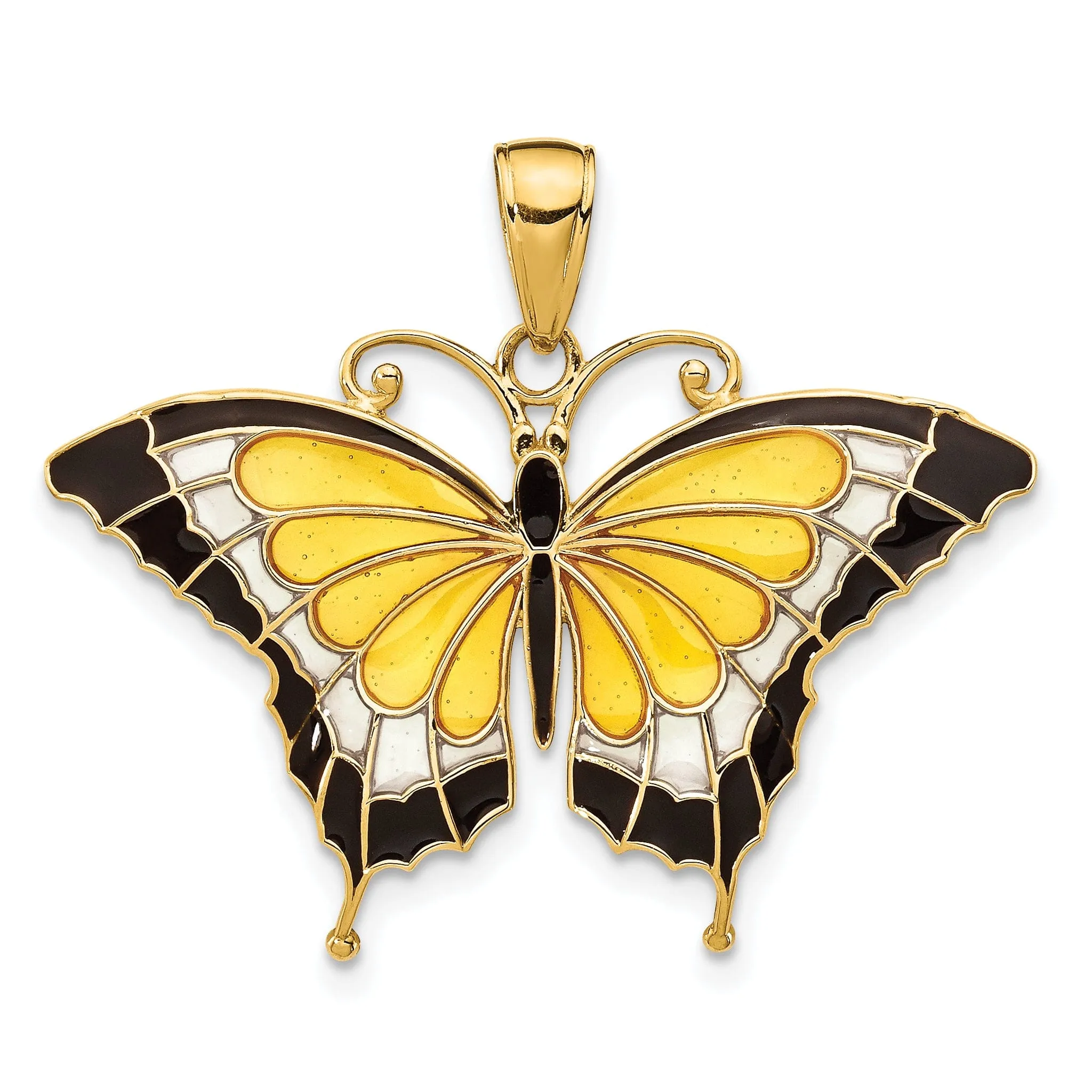 14K Yellow Gold Solid Casted Open Back Polished Finish Enameled Butterfly Charm Pendant