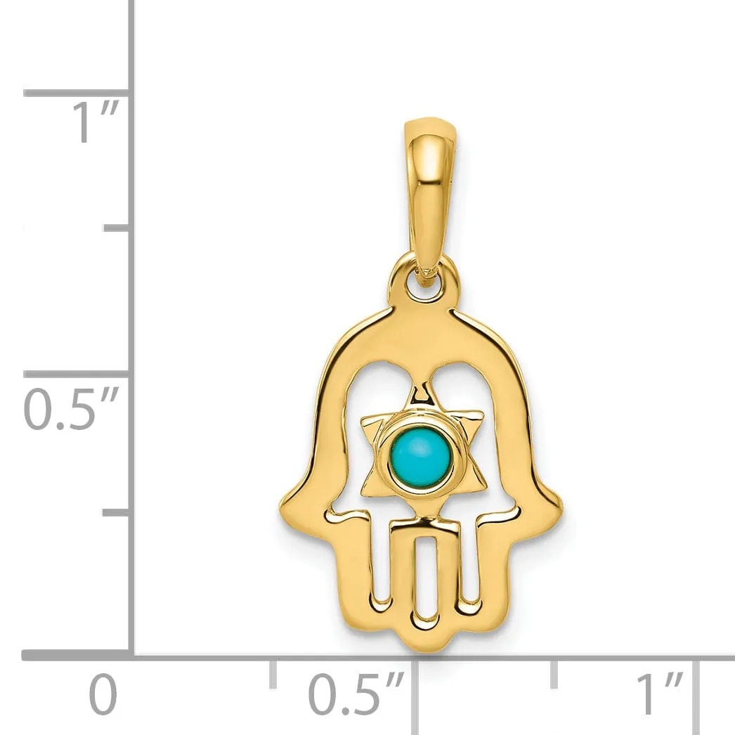 14k Yellow Gold Solid Polish Synthetic Turquoise Stone Chamseh Pendant