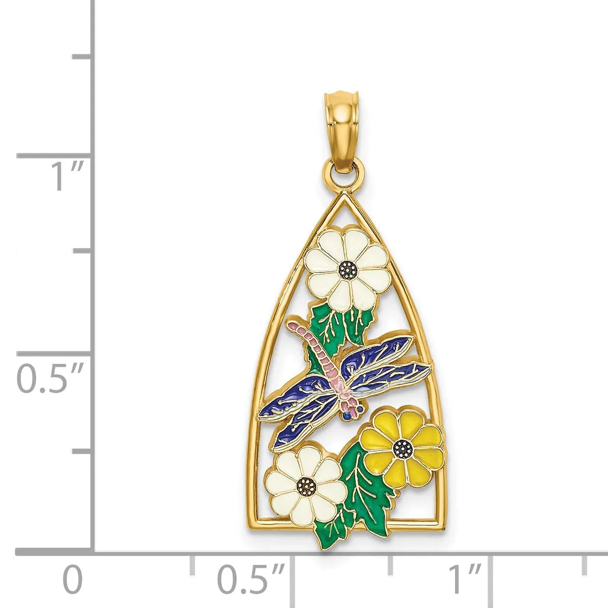 14K Yellow Gold Textured Polished Multi Color Enameled Finish Dragonfly and Flowers Triangle Shape Design Charm Pendant