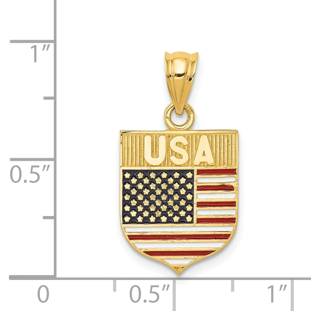 14k Yellow Gold Textured Polished Red, White, & Blue Enamel Finish U.S.A Flag Charm Pendant