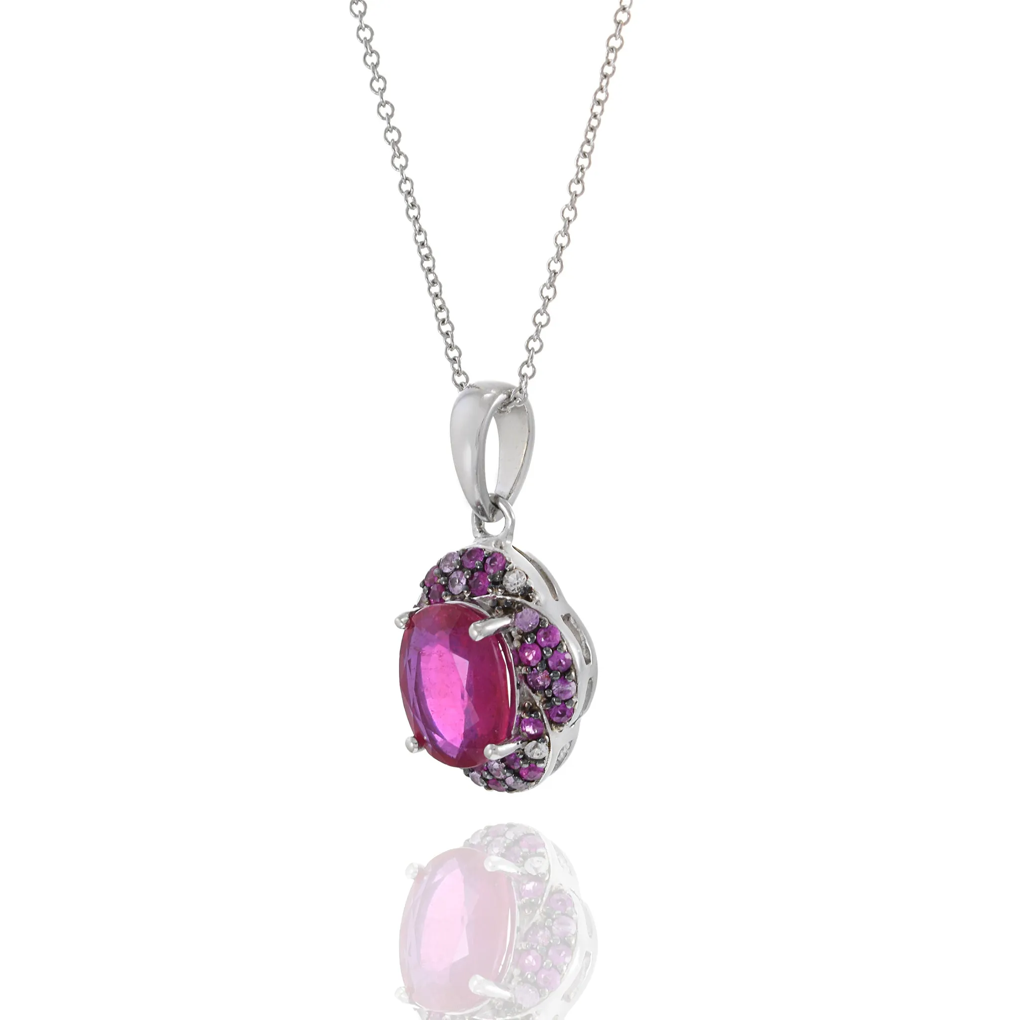 14KT White Gold Pink Oval Cut Rubellite Pendant with Multi-Color Gems