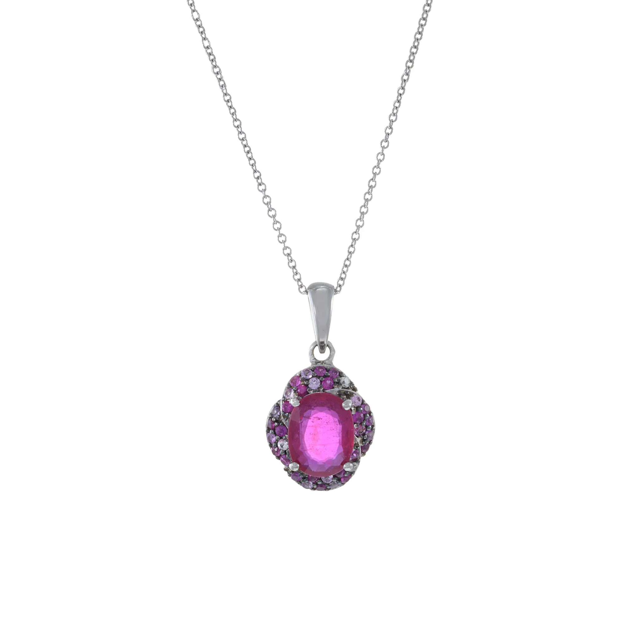 14KT White Gold Pink Oval Cut Rubellite Pendant with Multi-Color Gems