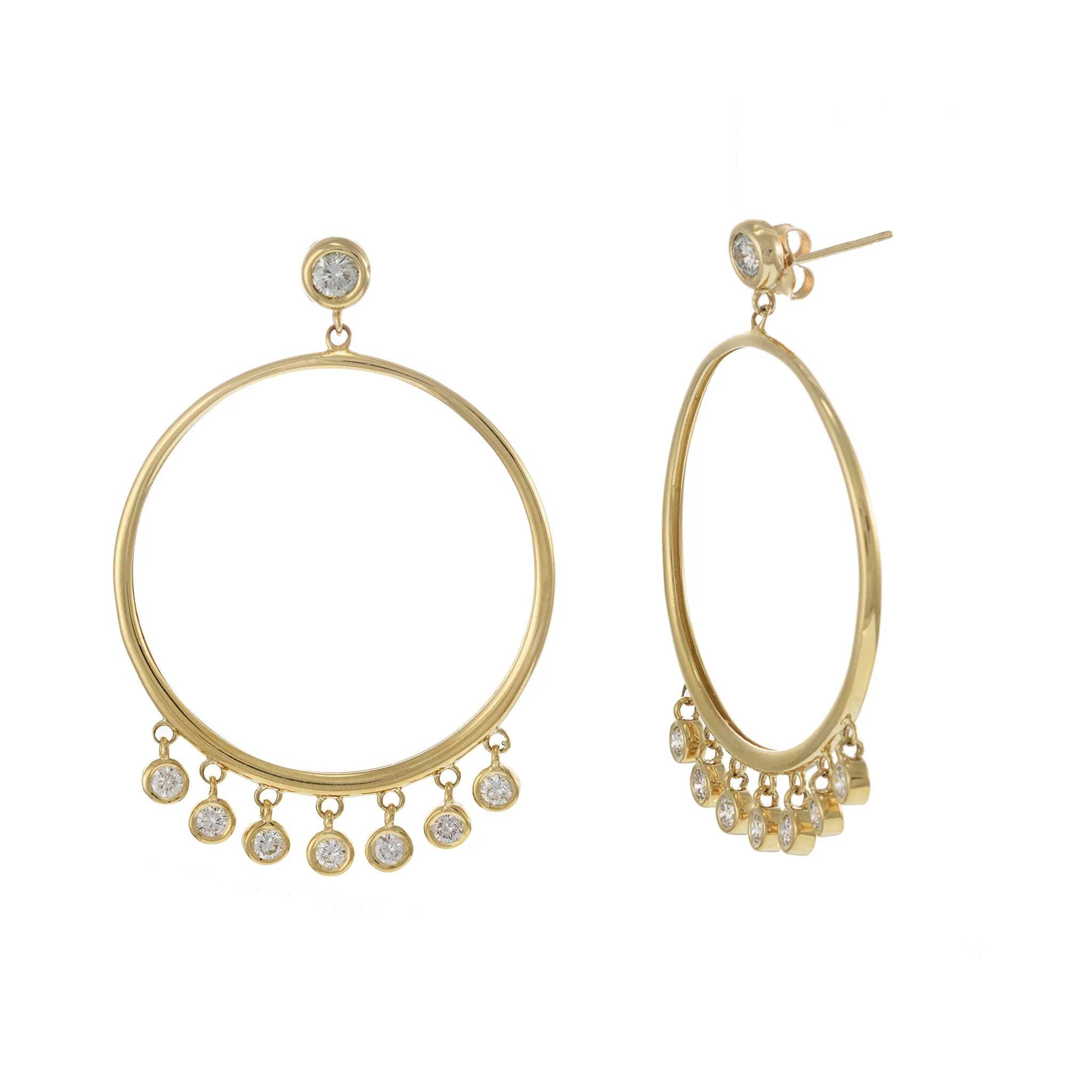 14KT Yellow Gold Open Circle Hoop Earrings with Hanging Bezel Set Diamonds