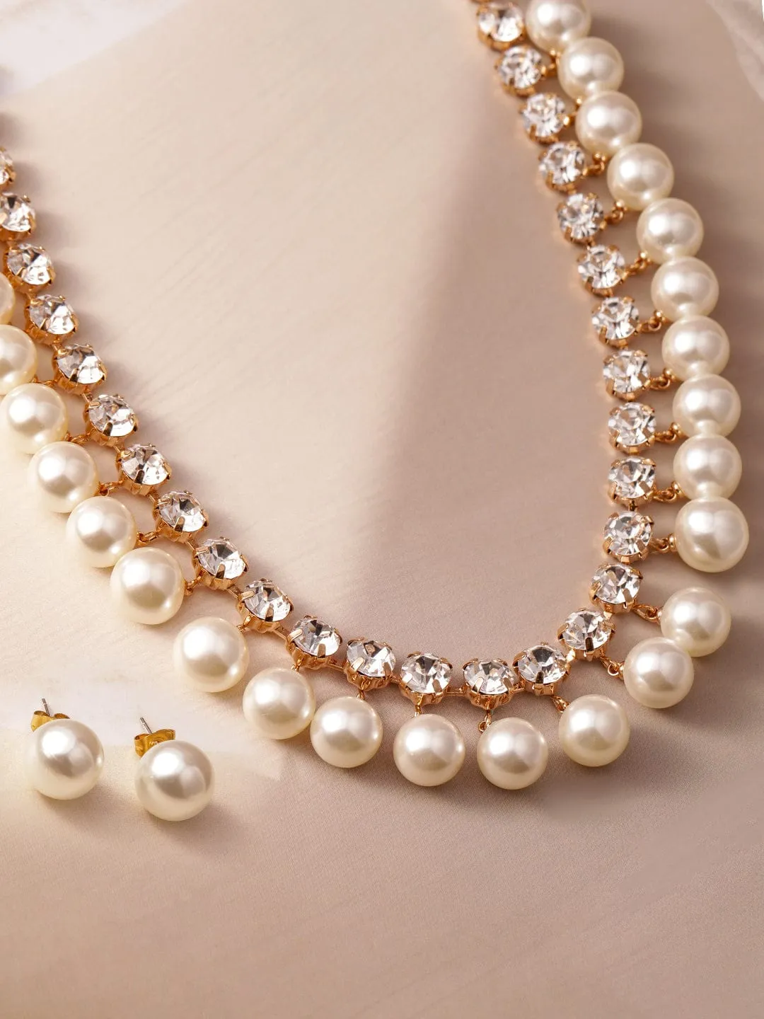 18K Gold Plated Luxurious Pearl & Zirconia Studded Statement Necklace Set