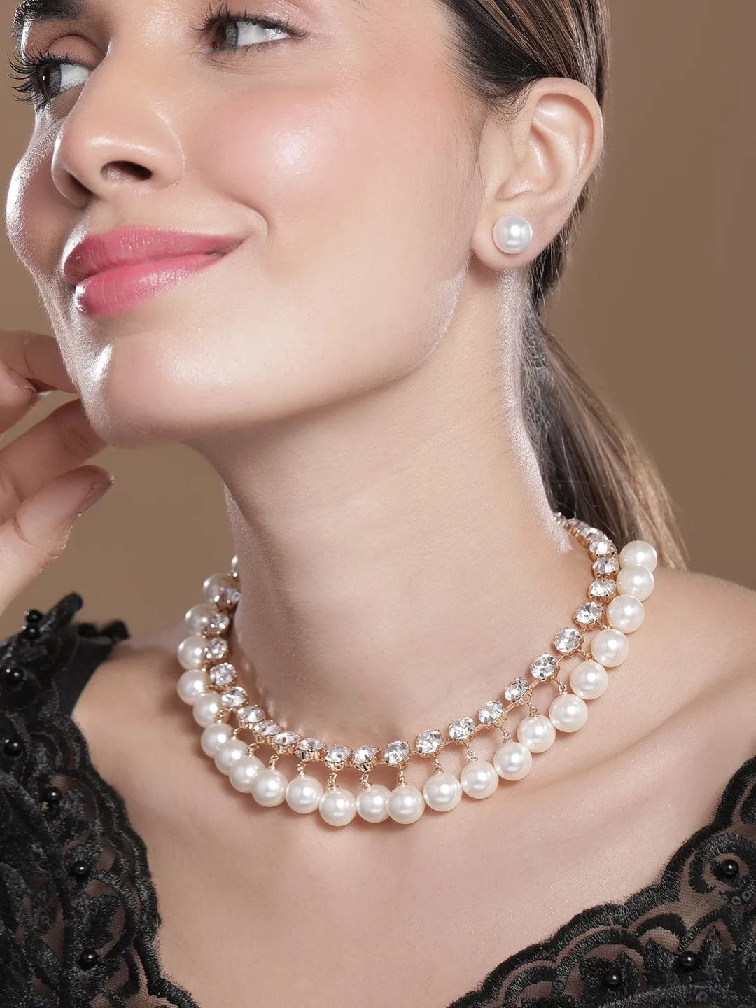 18K Gold Plated Luxurious Pearl & Zirconia Studded Statement Necklace Set