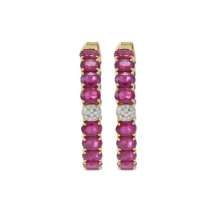 18KT Yellow Gold Oval Ruby And Diamond Hoop Earrings