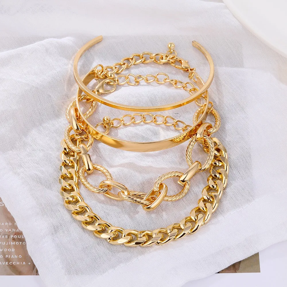 4Pcs Punk Heavy Metal Big Thick Chain Bracelet Set Women Retro Geometric Metal Twist Chain Bangles Bracelet Fashion Jewelry