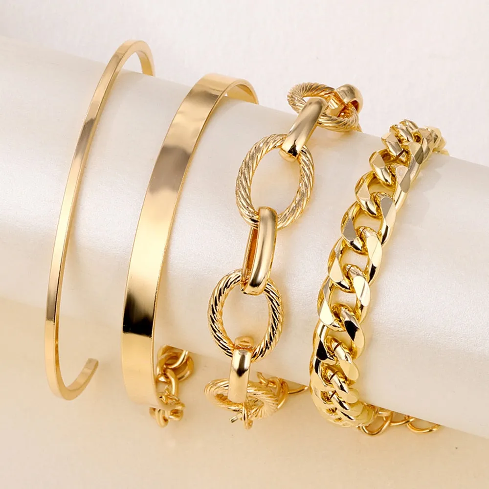 4Pcs Punk Heavy Metal Big Thick Chain Bracelet Set Women Retro Geometric Metal Twist Chain Bangles Bracelet Fashion Jewelry