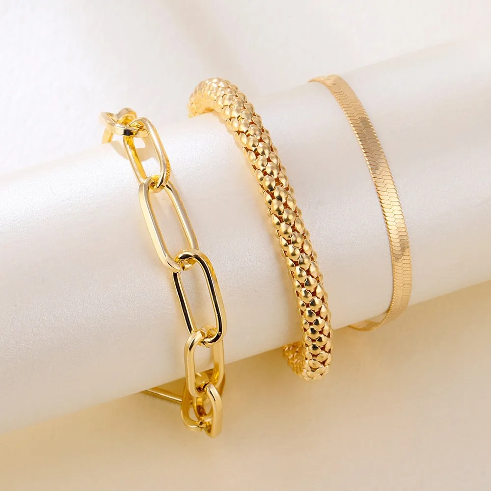 4Pcs Punk Heavy Metal Big Thick Chain Bracelet Set Women Retro Geometric Metal Twist Chain Bangles Bracelet Fashion Jewelry