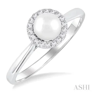 5MM White Pearl and 1/20 ctw Round Cut Diamond Halo Ring in 14K White Gold