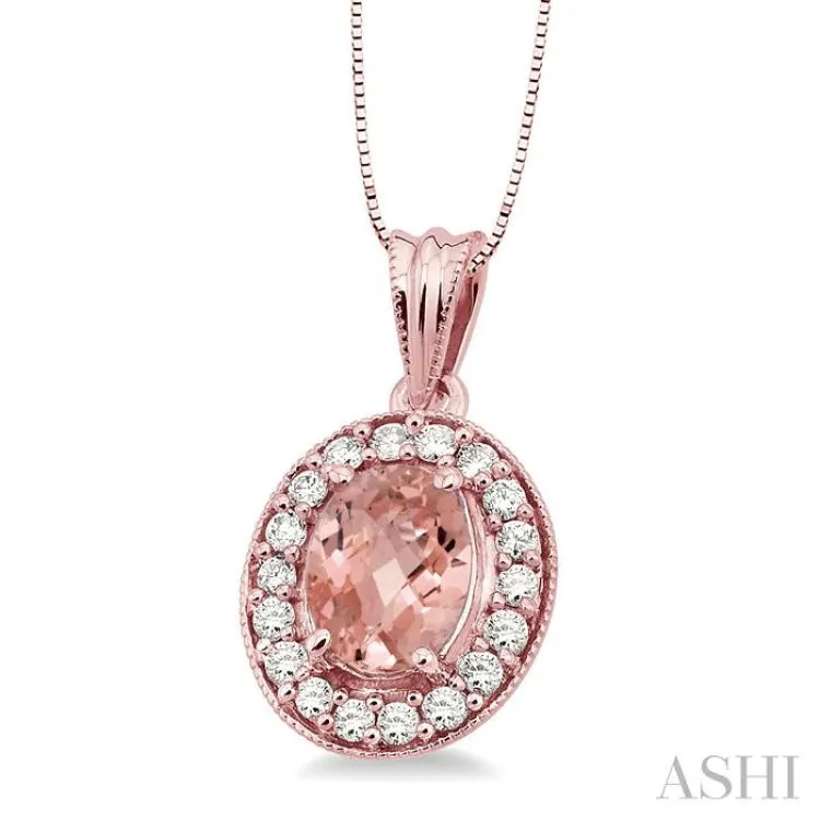 8x6 MM Oval Cut Morganite and 1/3 Ctw Round Cut Diamond Pendant in 14K Rose Gold with Chain