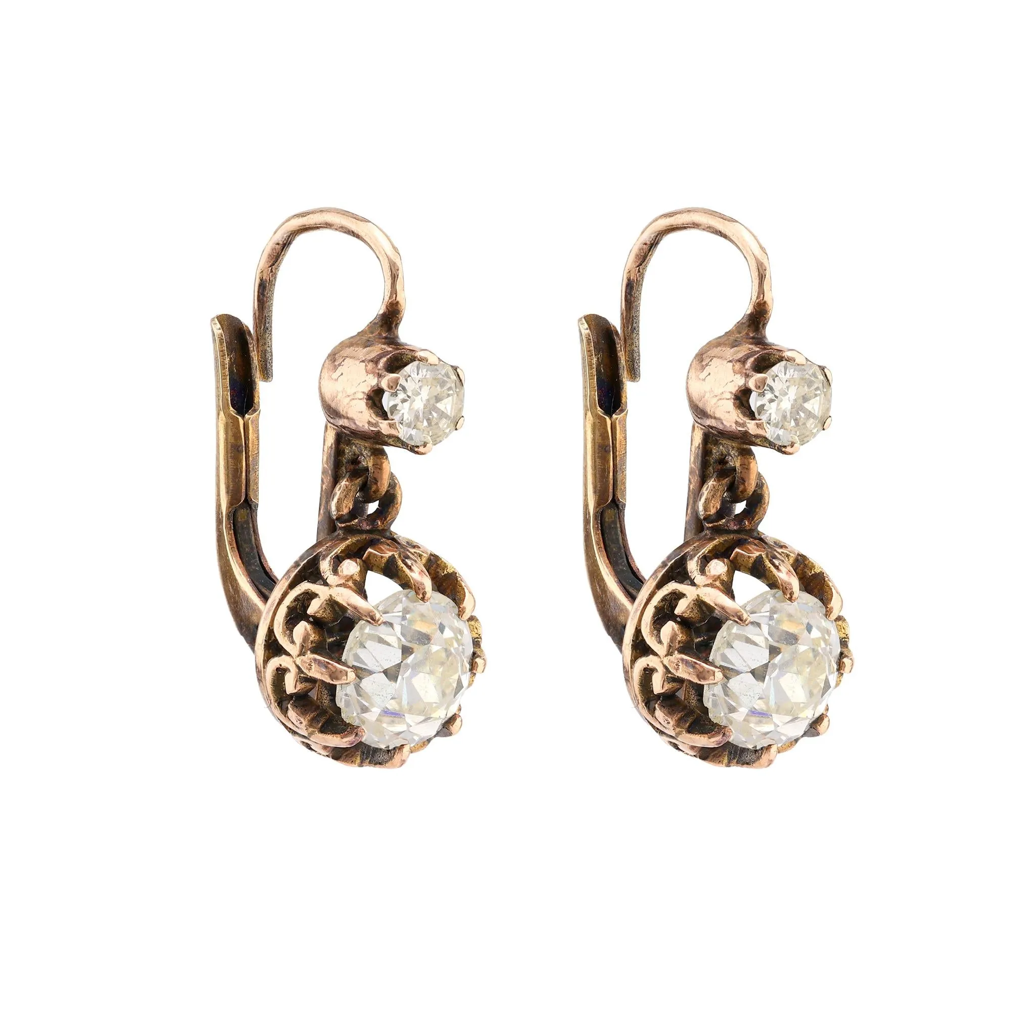 Antique Inspired 1.93 Carat Old Mine Diamond 18K Rose Gold Earrings