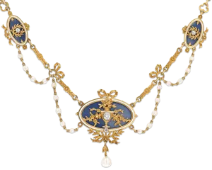 Art Nouveau Enamel, Diamond and Pearl Necklace