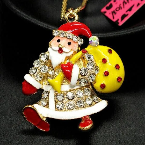 Betsey Johnson Crystal Santa Claus Yellow Enamel Bag Gold Necklace