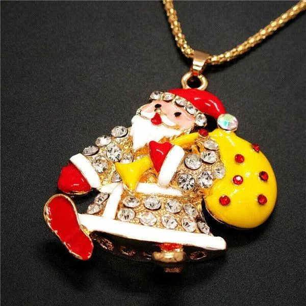 Betsey Johnson Crystal Santa Claus Yellow Enamel Bag Gold Necklace