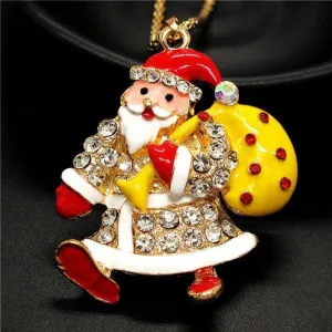 Betsey Johnson Crystal Santa Claus Yellow Enamel Bag Gold Necklace