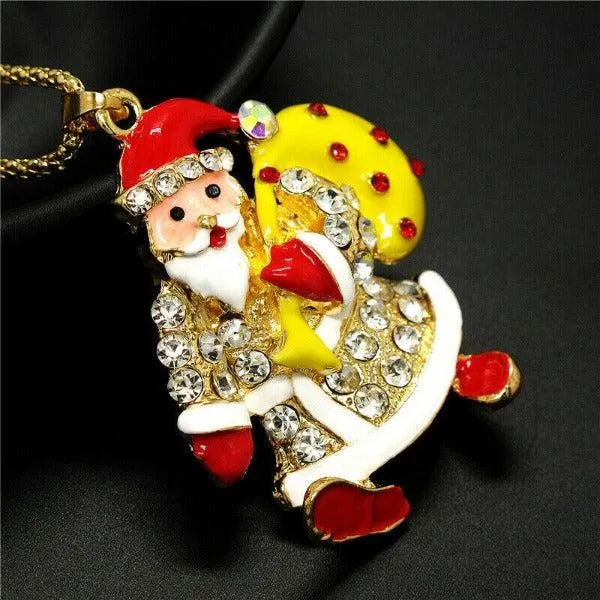 Betsey Johnson Crystal Santa Claus Yellow Enamel Bag Gold Necklace