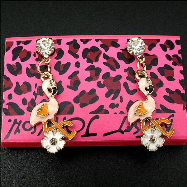 Betsey Johnson Flamingo & Flower Rhinestone Earrings