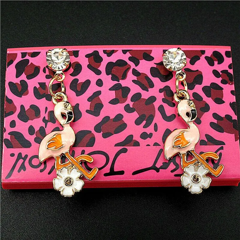 Betsey Johnson Flamingo & Flower Rhinestone Earrings