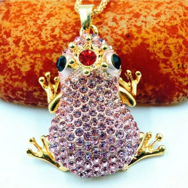 Betsey Johnson Frog Pink Crystal Red Jewel Crown Pendant Necklace