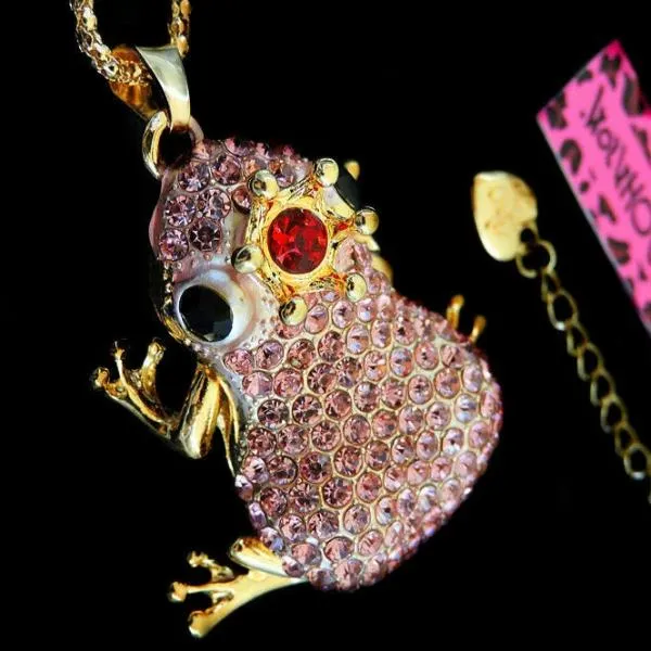 Betsey Johnson Frog Pink Crystal Red Jewel Crown Pendant Necklace