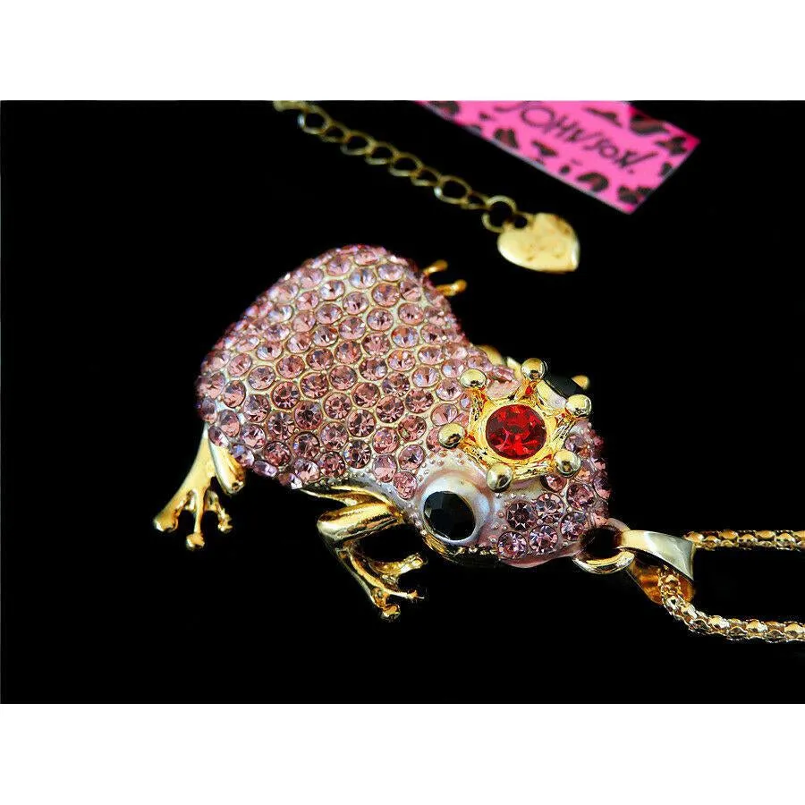 Betsey Johnson Frog Pink Crystal Red Jewel Crown Pendant Necklace