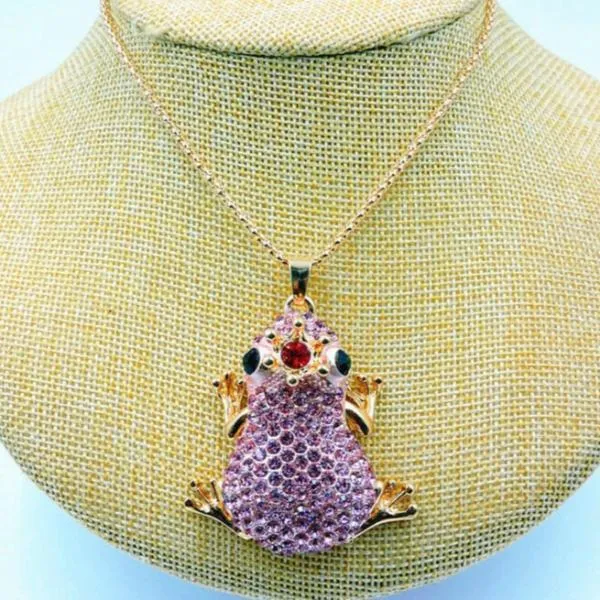 Betsey Johnson Frog Pink Crystal Red Jewel Crown Pendant Necklace