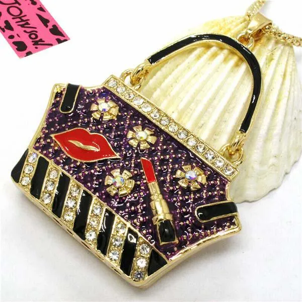 Betsey Johnson Handbag Purple Purse Lipstick Lips Crystal Necklace