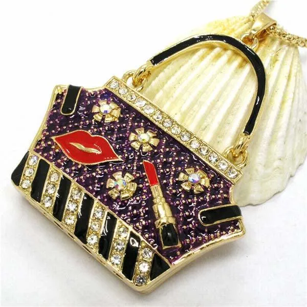 Betsey Johnson Handbag Purple Purse Lipstick Lips Crystal Necklace