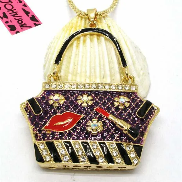 Betsey Johnson Handbag Purple Purse Lipstick Lips Crystal Necklace