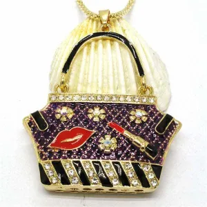 Betsey Johnson Handbag Purple Purse Lipstick Lips Crystal Necklace