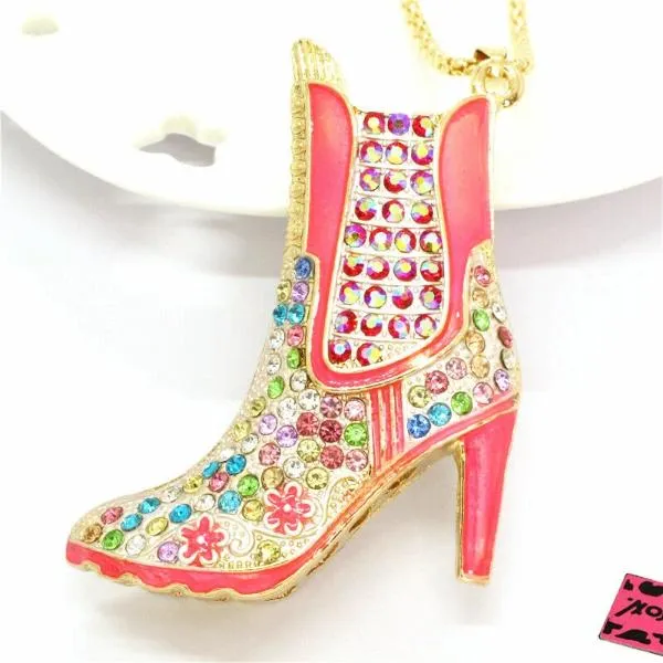 Betsey Johnson High Heel Boot Multi Crystal Pendant Necklace