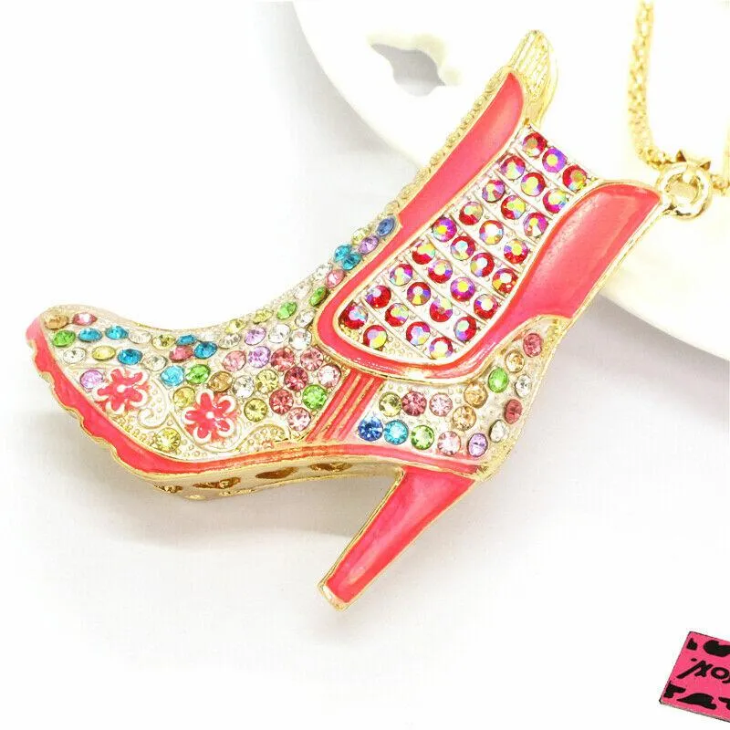 Betsey Johnson High Heel Boot Multi Crystal Pendant Necklace