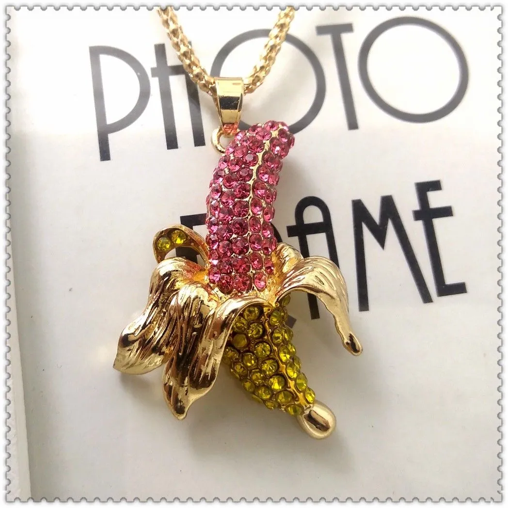 Betsey Jonson Pink & Yellow Banana Inlaid Crystals Necklace