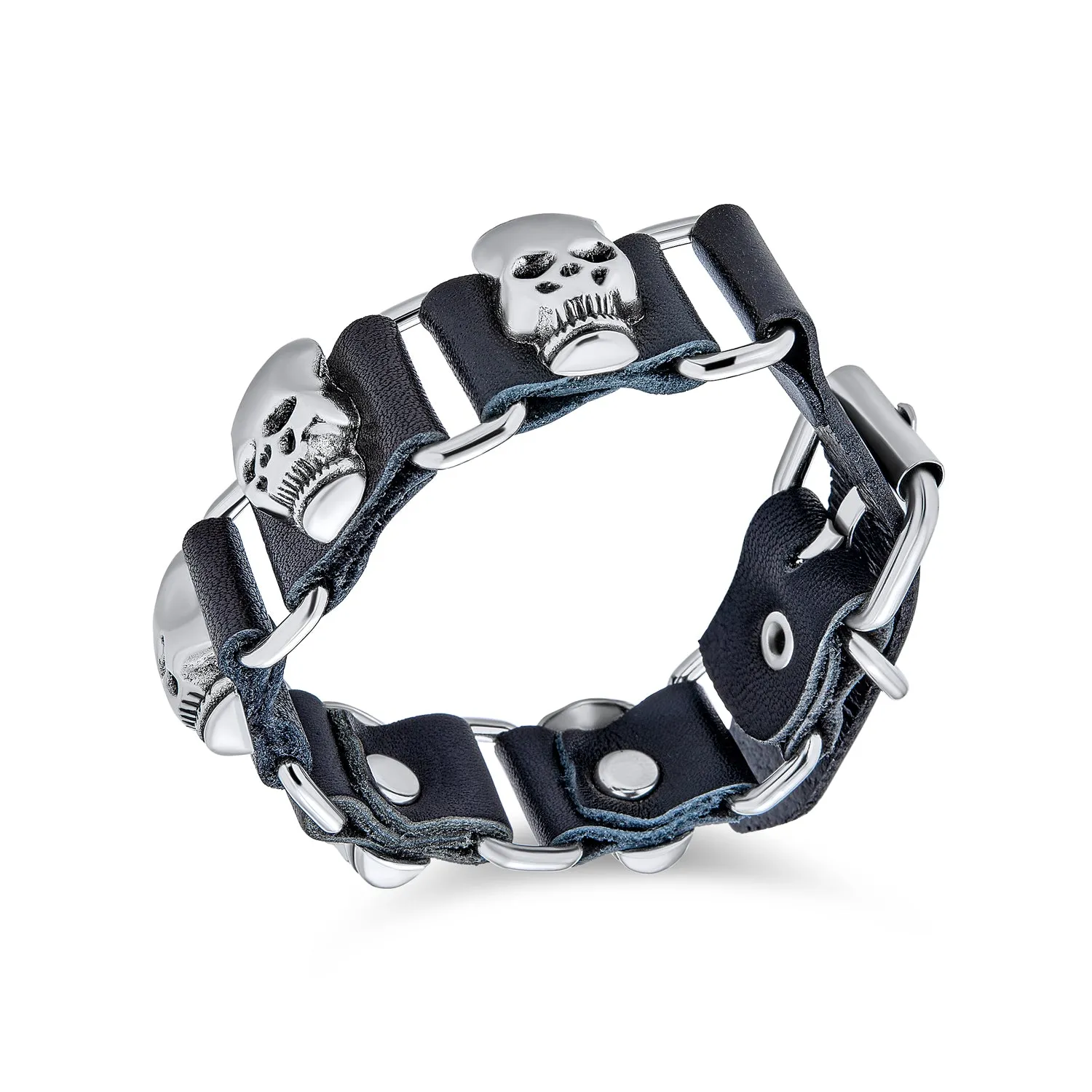 Biker Chain Link Bracelet Skull Heads Black Leather Studded Cuff for Men s